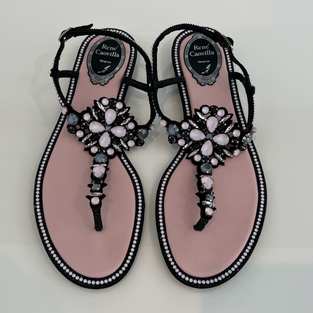 RENE CAOVILLA PINK BLACK EMBELLISHED SANDALS SIZE IT 38.5 / US 8.5